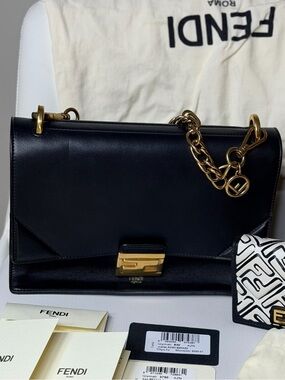 Discontinued Fendi Kan U Black Leather Shoulder Bag with Gold Chain